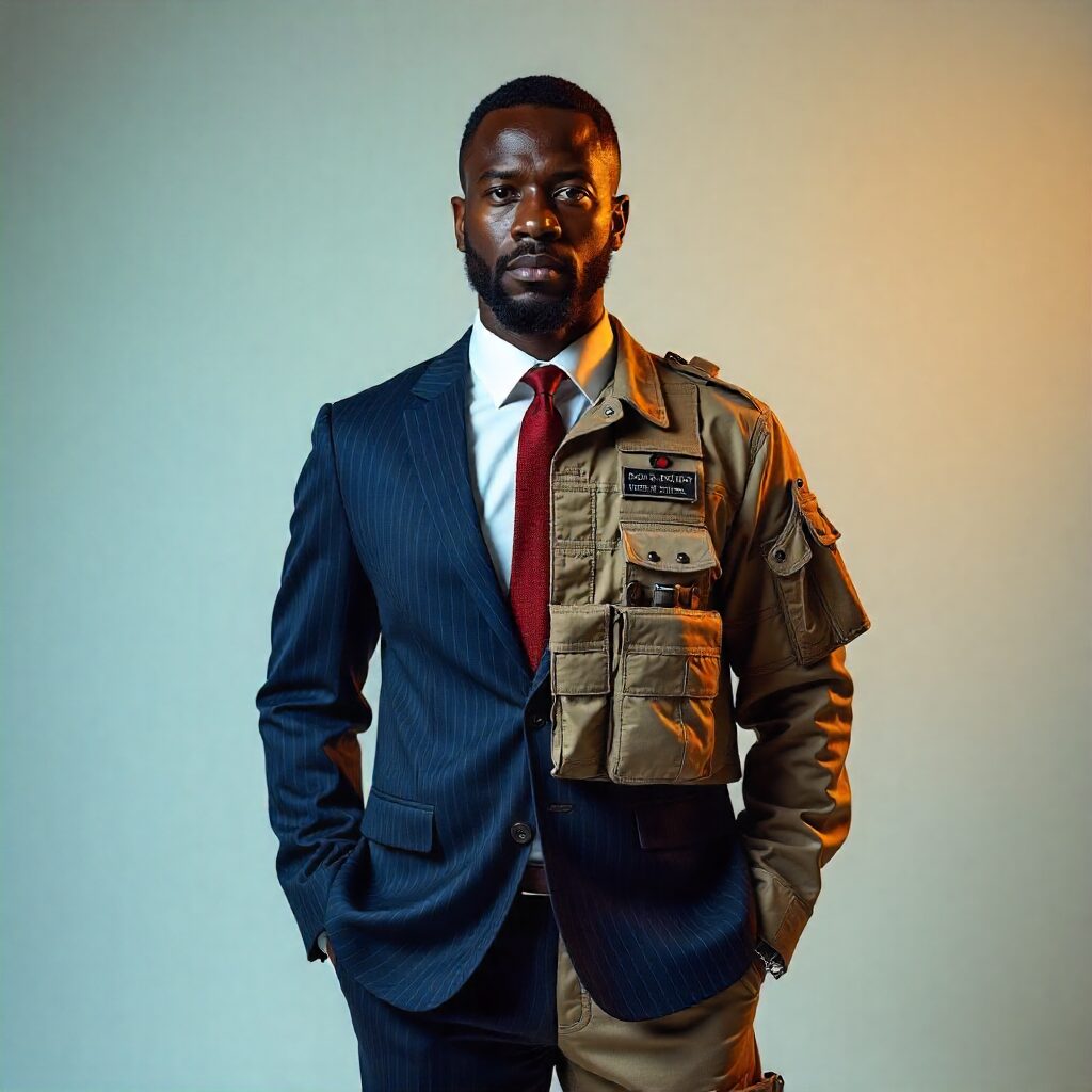 Man wearing half suit, half tactical outfit.